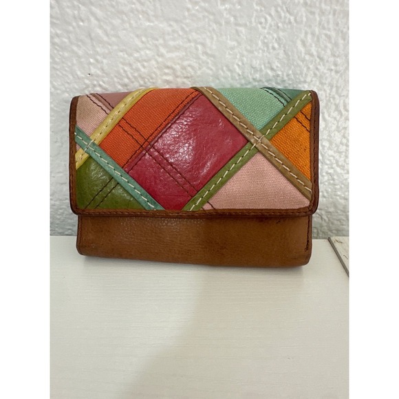 Fossil Leather Patchwork Wallet Trifold Multicolor Small Vintage Style - Picture 1 of 6